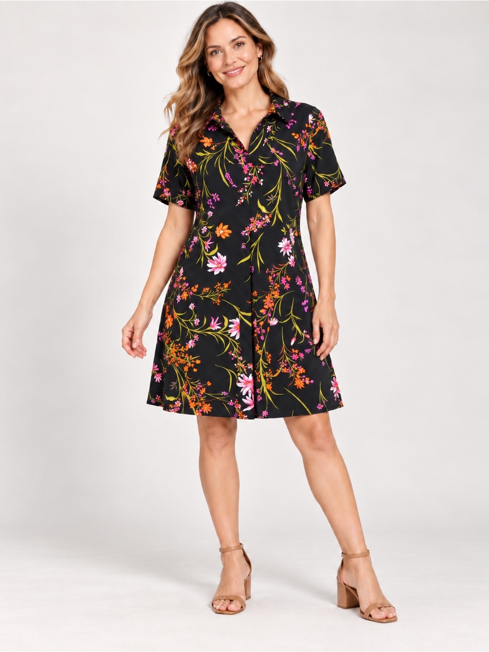 CeCe Black Floral Short-Sleeve A-Line Dress with Pink & Orange Blooms Size M
